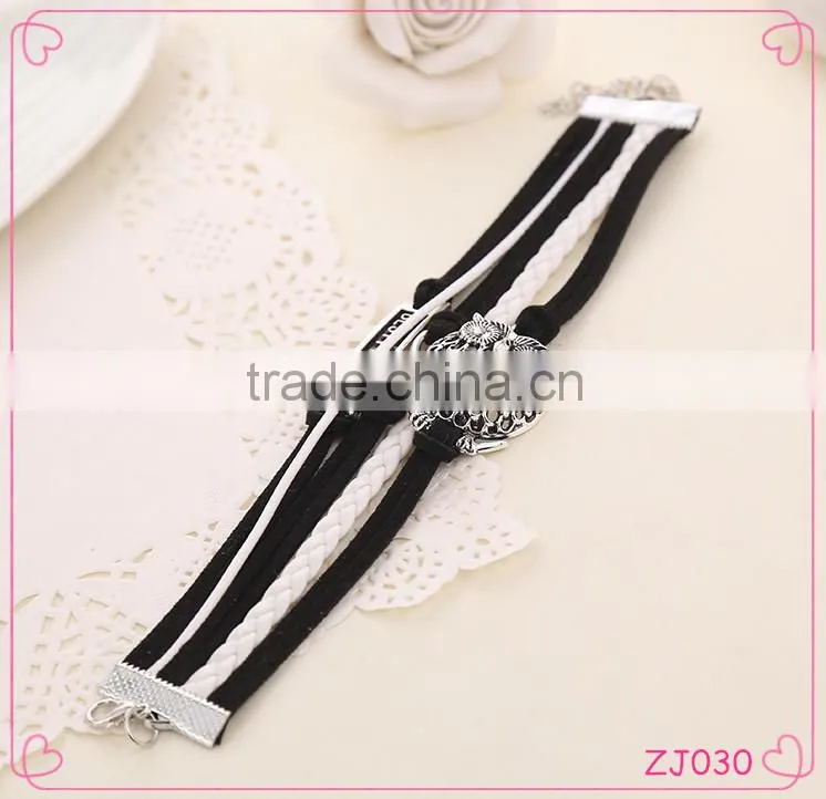 hot sale fashion alloy vintage peace sign owl multi strand weave leather bracelet