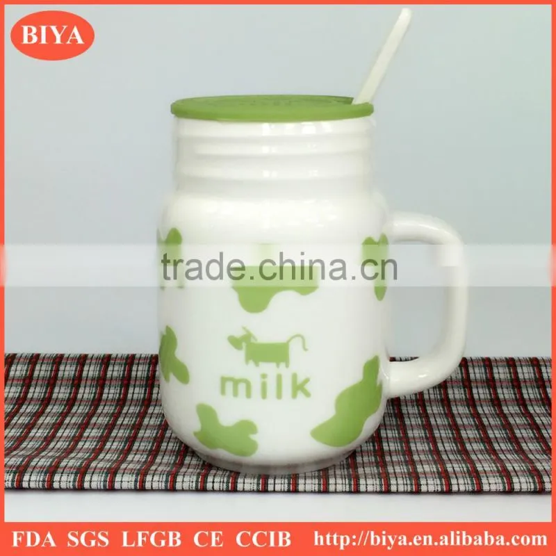 milk mug for kid breakfast mug with silicone lid and ceramic spoon for wholesale with logo decal print and handle