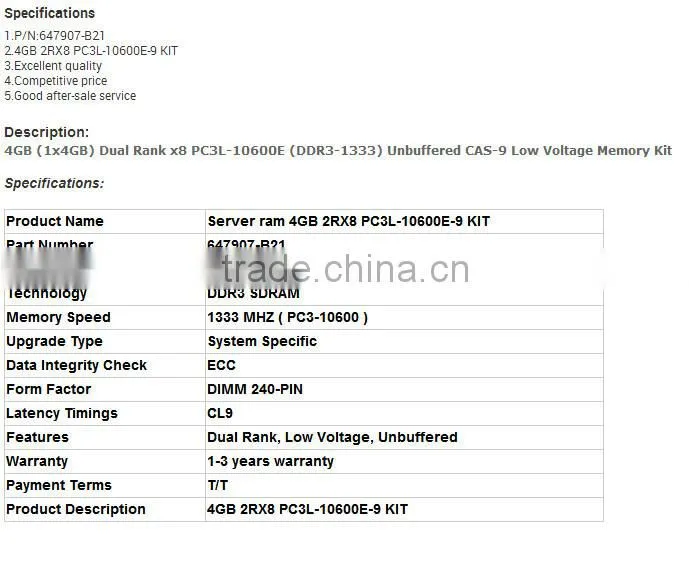 647907-B214GB (1x4GB) Dual Rank x8 PC3L-10600E (DDR3-1333) Unbuffered CAS-9 Low Voltage Memory Kit