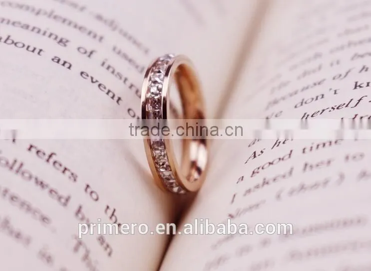 Super Flash Titanium Steel 18k Rose Gold Plated Full Paved AAA CZ Diamond Stone Ring