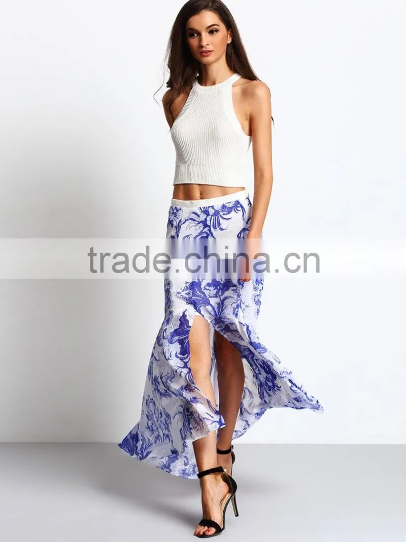 garment factory women print high cutting flowy long maxi skirt 2016