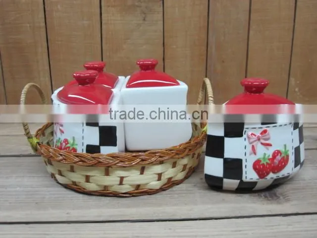 New strawberry emboss ceramic cookie jar with red lid