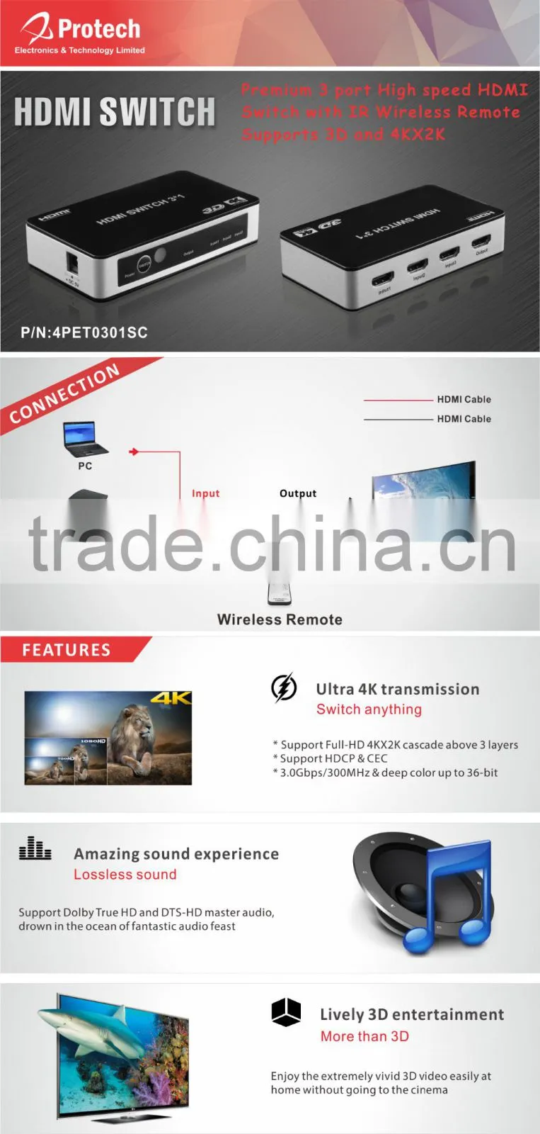 Ultra HD 1080PV1.3 Full HD 1080P supported High Speed HDMI switcher 3 input 1 output