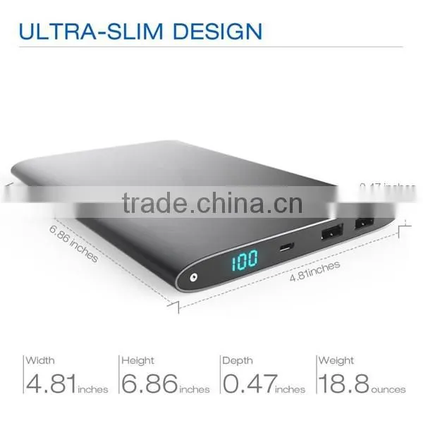 Ultra thin portable metal power bank with high capacity 20000mah super slim charger with LED torch