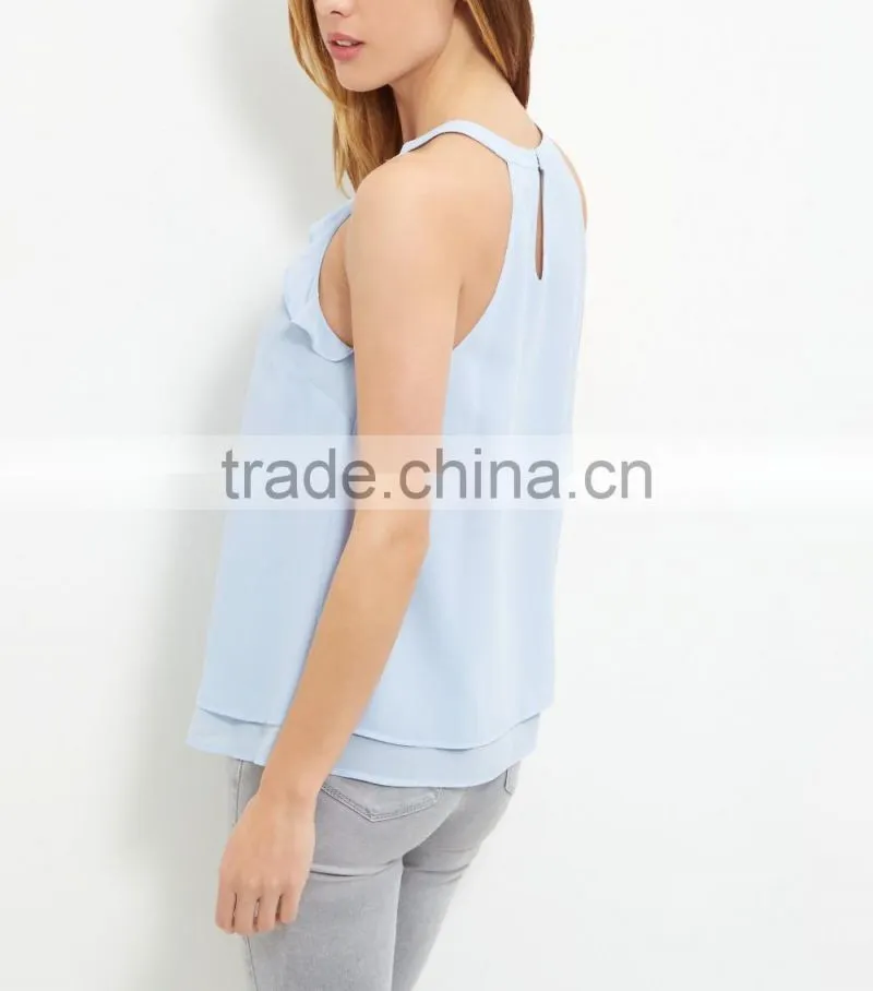 2016 Latest Pale Blue Frill Trim High Neck Halter Cami HST8041