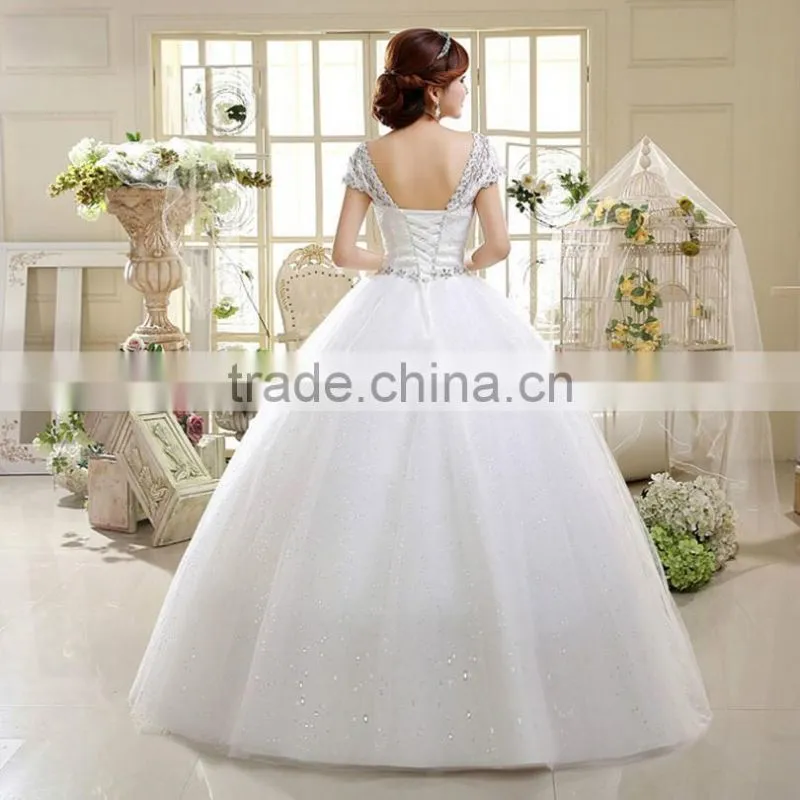 V neck cap sleeve long trail ball gown 2017 wedding dresses