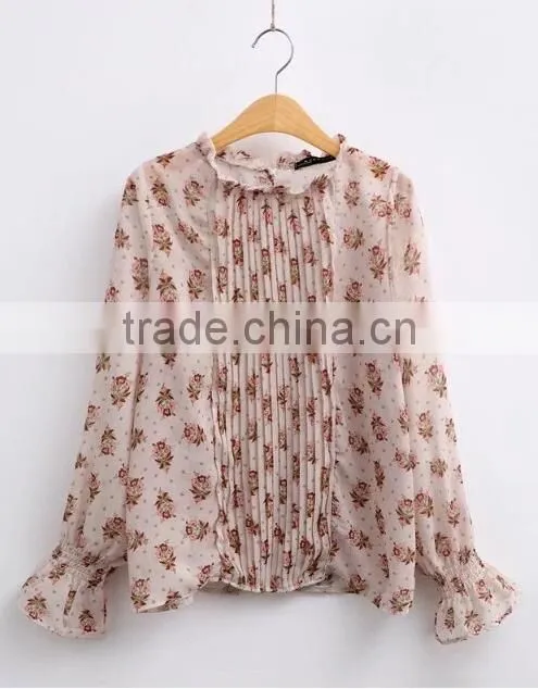 Runwaylover EY2344B Hot Sale 2017 Women Fashion Sleeve Fold Printed Chiffon Blouse