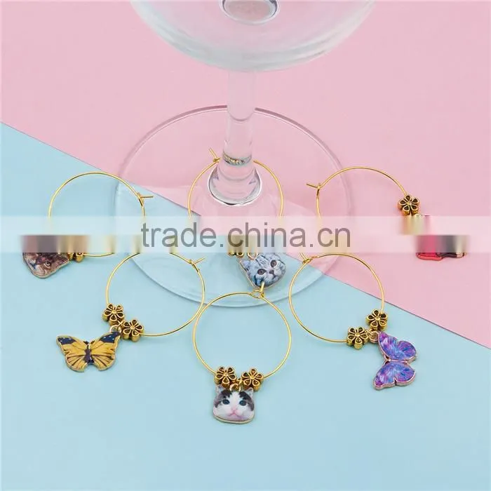 Hoop Earrings Gold Plated At Random Enamel Animal Flower Wine Glass Marker