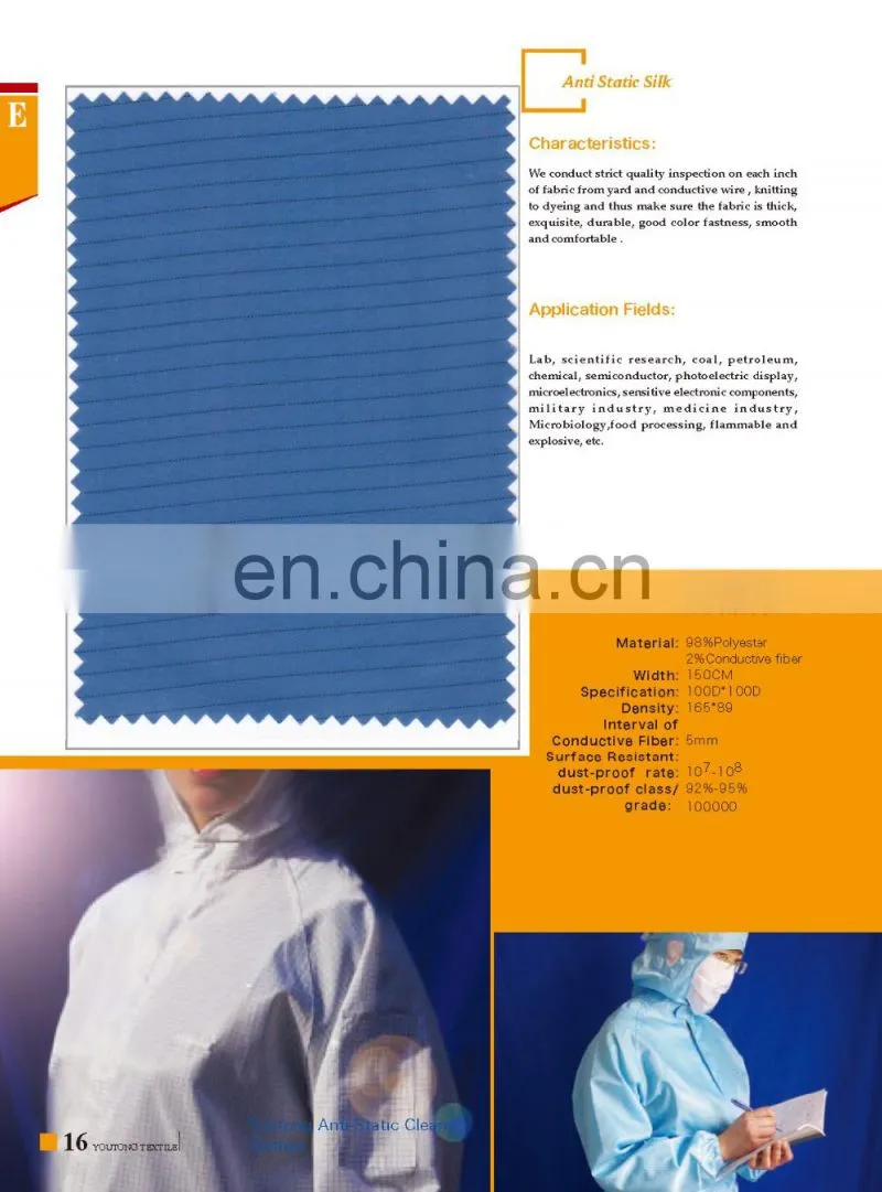 100% polyester antistatic/anti-dust silk fabric for cleaningroom wear