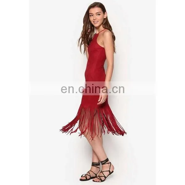 Love Suede Fringe Hem Dress Square neckline Sleeveless Fashion Apparel Women Dresses Sexy