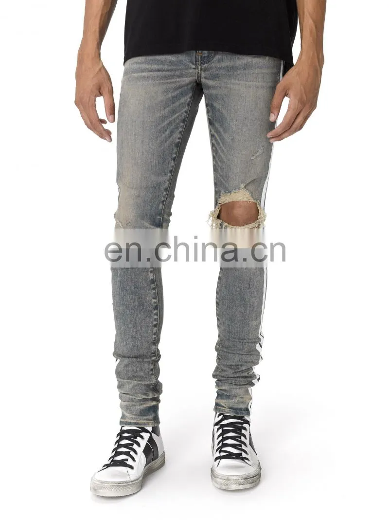 DiZNEW Dirty Indigo White Side Broken Track Ripped Denim Jeans Men