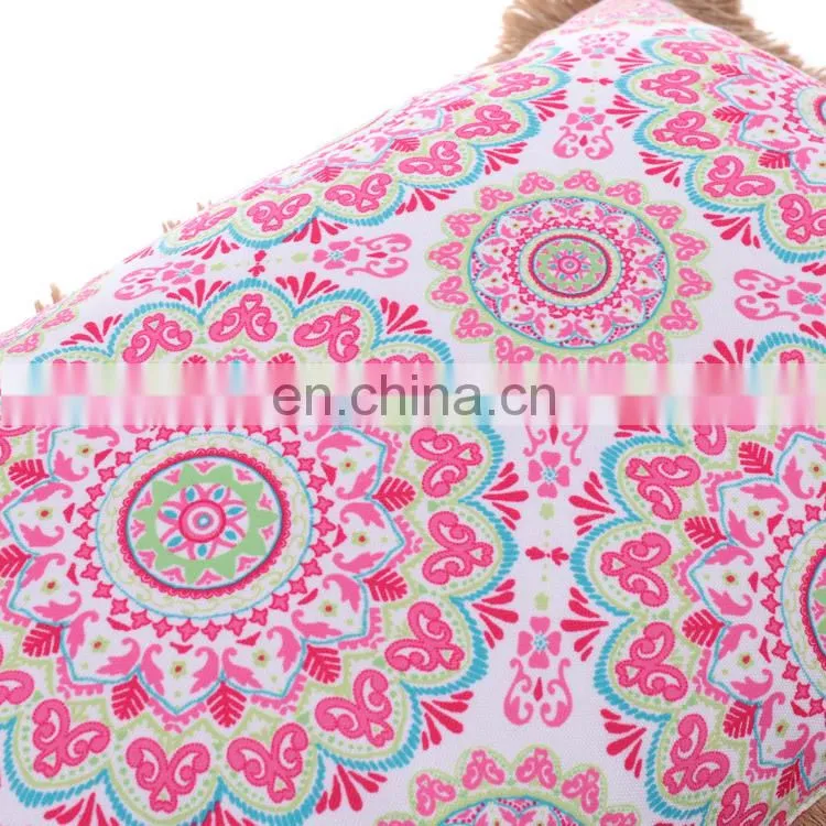 Custom Made Decorative 3D Printed Pink Flowers Outdoor Bench Waterproof Throw Pillow Cushion with Jute Fringe