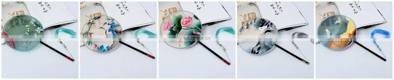 Chinese style multi-pattern silk embroidery dual-faced handmade round fan with long handle and tassel pendant(19*37cm)
