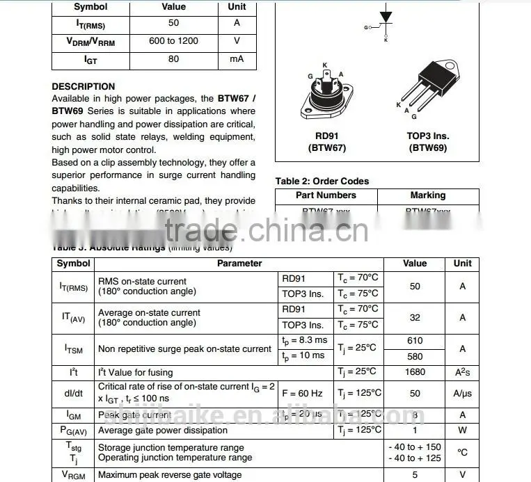 BTW67-200 SCRs 50A STANDARD SCRs