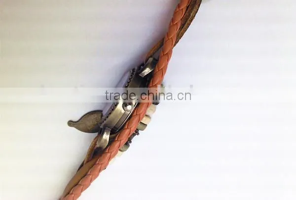 alibaba express Quartz watch F-05 for girls with Wing pendant,leather strap, bronzed watch case