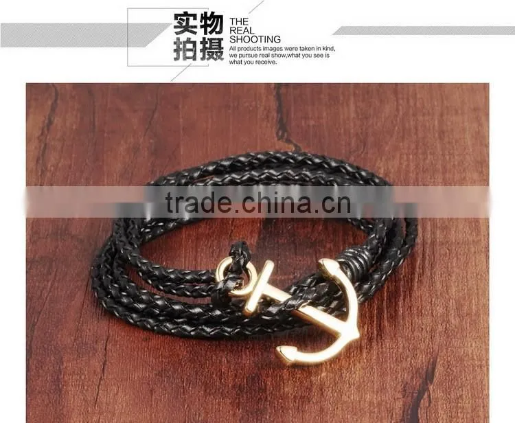 Multilayer handmade woven leather bracelet stainless steel gold boat anchor alloy charms man anchor bracelets