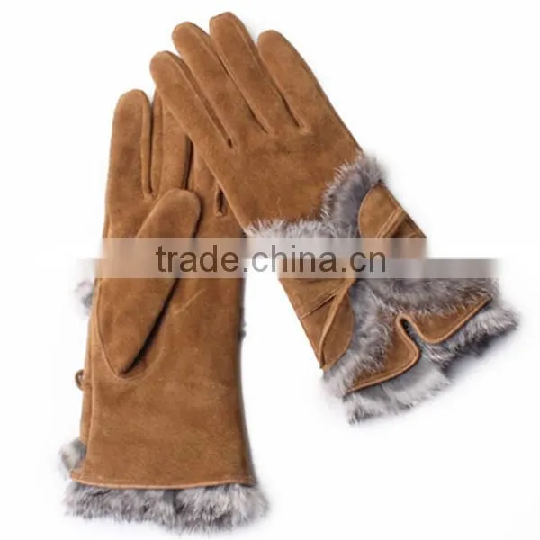 Women pigsplit warm winter leather gloves with rabbit fur