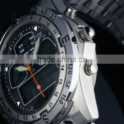 Brand New mens man analog digital alarm black face stainless steel sport quartz watch