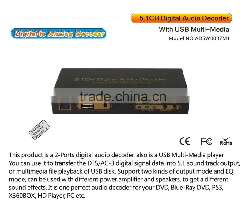 5.1 digital audio decoder convert, DTS/AC3 source digital audio to analog 5.1 audio or stereo audio
