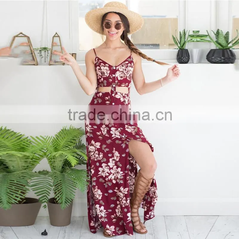 spaghetti strap floral two piece outfit maxi boho dress with button up