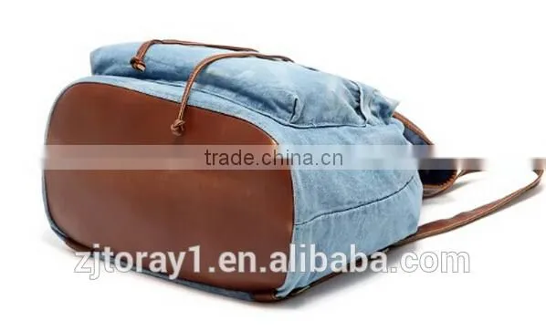 Light Blue waxed canvas backpack with string for student