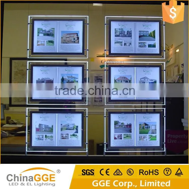 A4 Size Hanging LED Window Display Acrylic LED Light Frame Real Estate Window Display Slim Acrylic Light Box