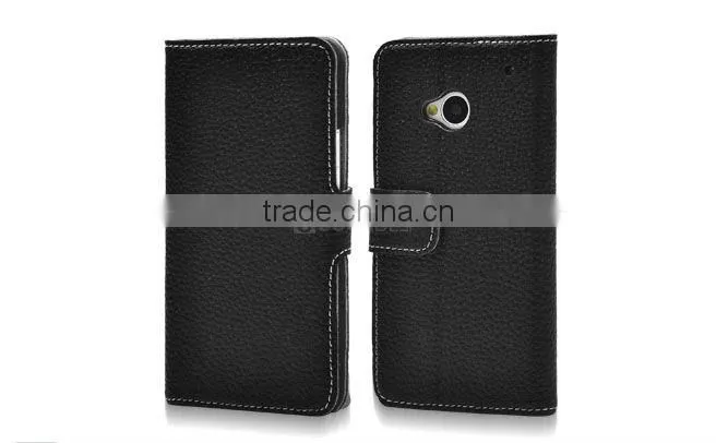 Luxury card holder slot lychee skin leather wallet case for HTC One case