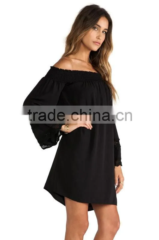 Off-shoulder Short Puffy Dress With Long Bell Sleeves With Crochet Trim