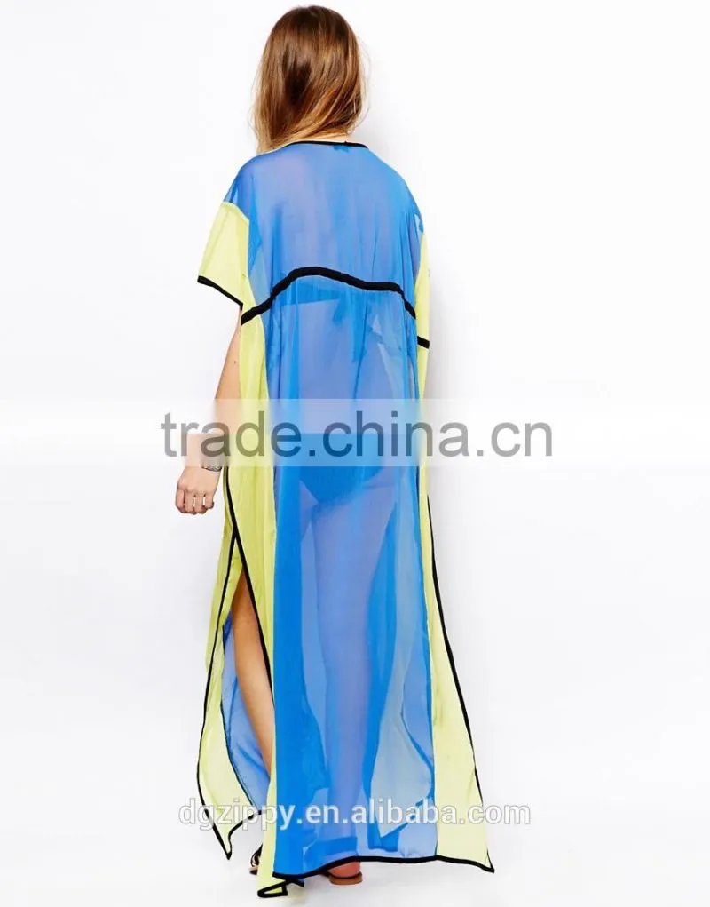 Self-tie color block beach kaftan dress long chiffon kaftan