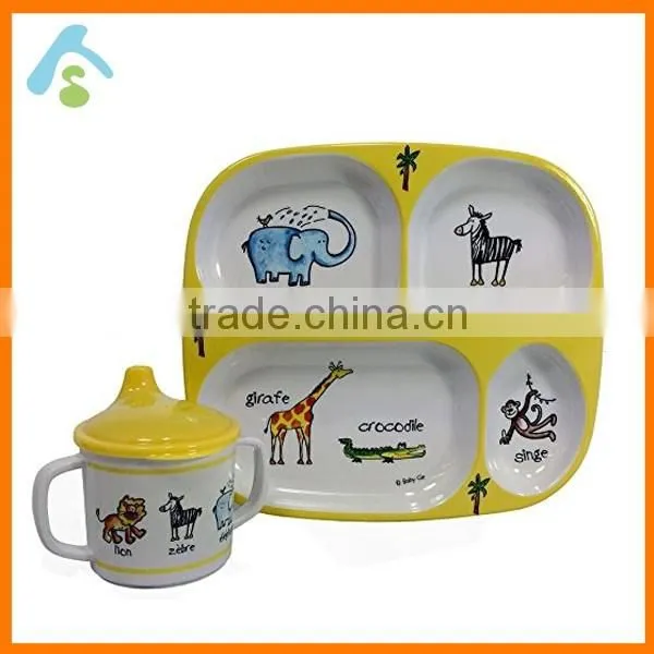 Hot sale in Europe melamine plastic dinnerware set for Kid,Divided plate & Mug