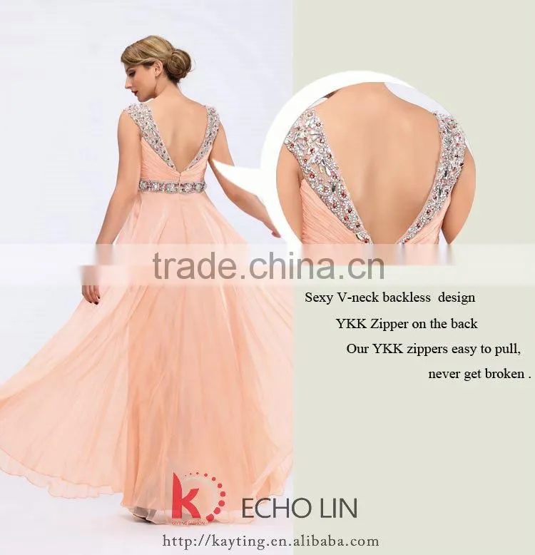Elegant sleeveless beaded dark V backless evening dress new