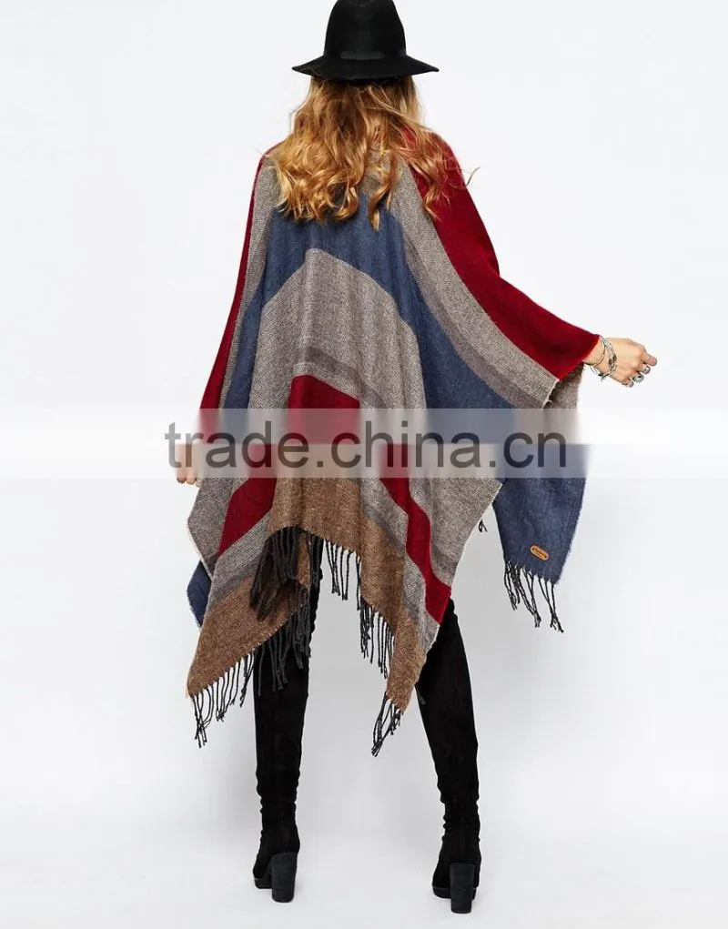 elegant Striped design poncho with fringe western women tassel trim Poncho