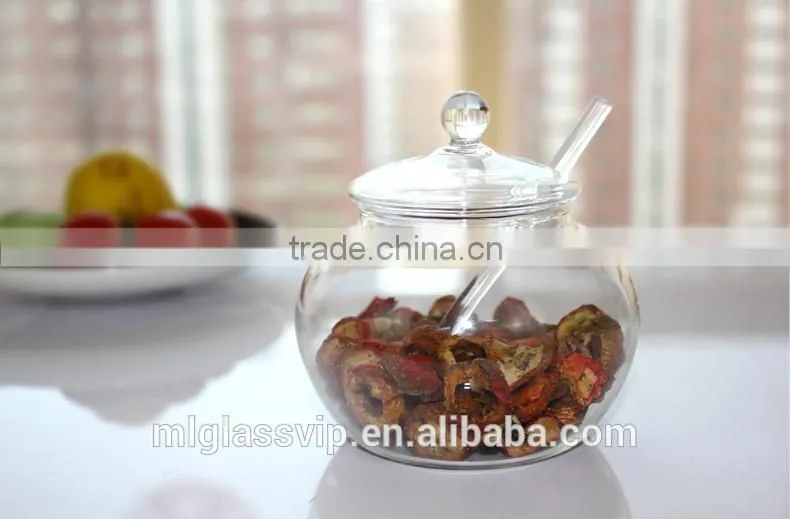 Clear glass multi-purpose glass storage bottle storage jar with spoon lid 350ml QM025
