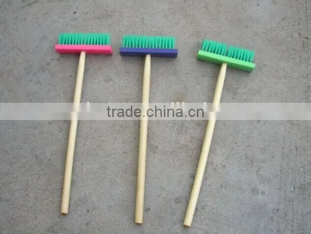 Floor plastic cleaning brush with long wooden handle