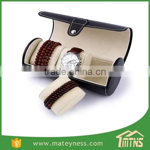 Black 3-slot Leather Cylinder Watch Box
