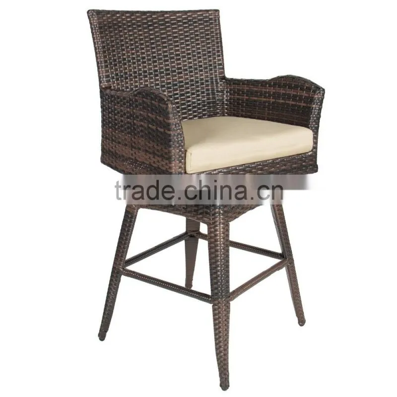 Outdoor Patio Furniture All-Weather Brown Wicker Swivel Bar Stool with Cushion