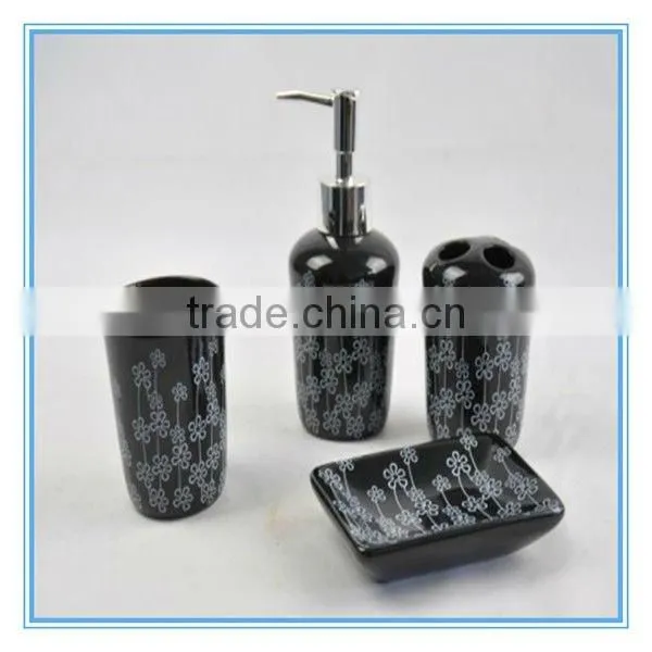 Hot sale full printing round black dehua 4pcs ceramic bath accessories