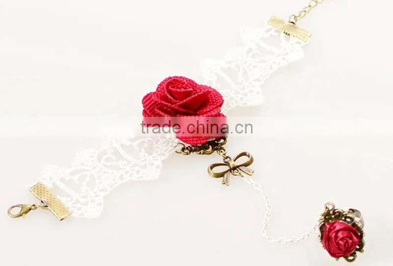 National bowknot ring jewelry set handmade white lace girls rose bracelet sets