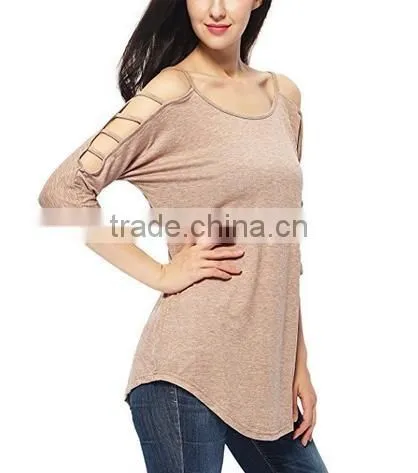 Women's 100% cotton comfort colors tShirts in bulk Hollowed Out Shoulder Three Quarter Sleeve