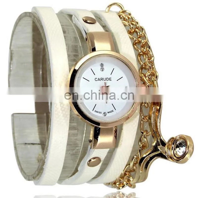 Rhombus Design Leather Charms Chain 3 Rolls Wrap Leather Bracelet Watch