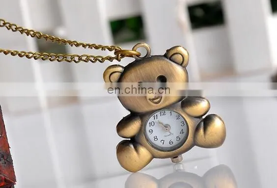 New Fashion Cute Pocket Watch Little Bear Pendant Necklace Women Dress Quartz Watches Gift