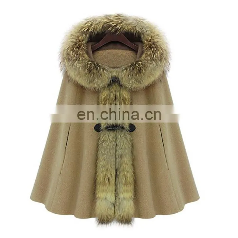 Great Quality Wool Shawl Coat Genuine Raccoon Fur Cape with Fur Hood