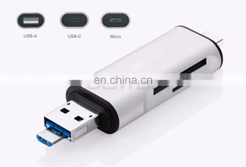 Aluminum Multifunction USB-A-Micro-Type-C Card Reader OTG Supported for Nexus 6P,5X,MacBook,Windows Computer,Android OTG