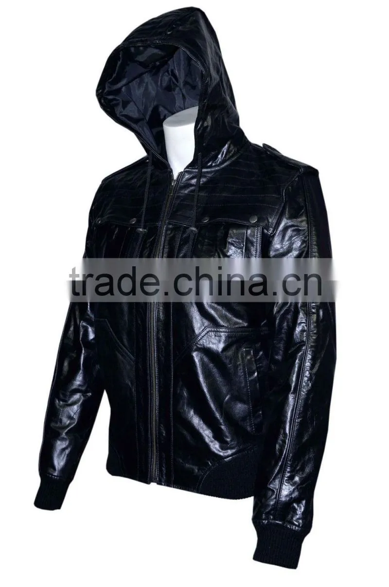 Black hooded leather jacket for men