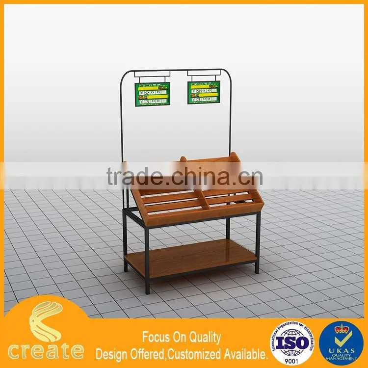 Supermarket fruit and vegetable display stand rack with wooden and metal combination