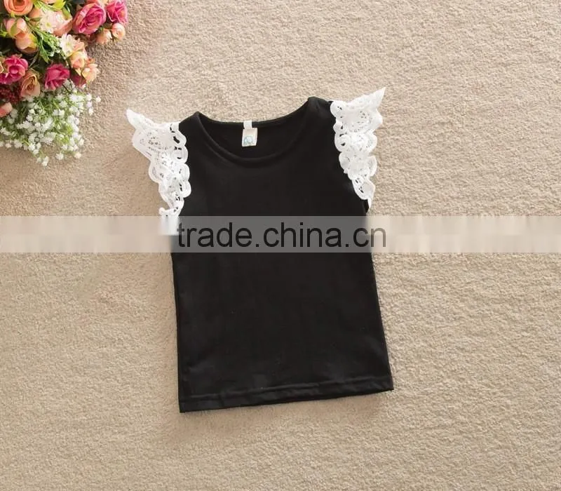 Ins New style kids boutique clothing colorful t-shirts fly sleve lace design pure cotton high quality newbron baby girls shirts