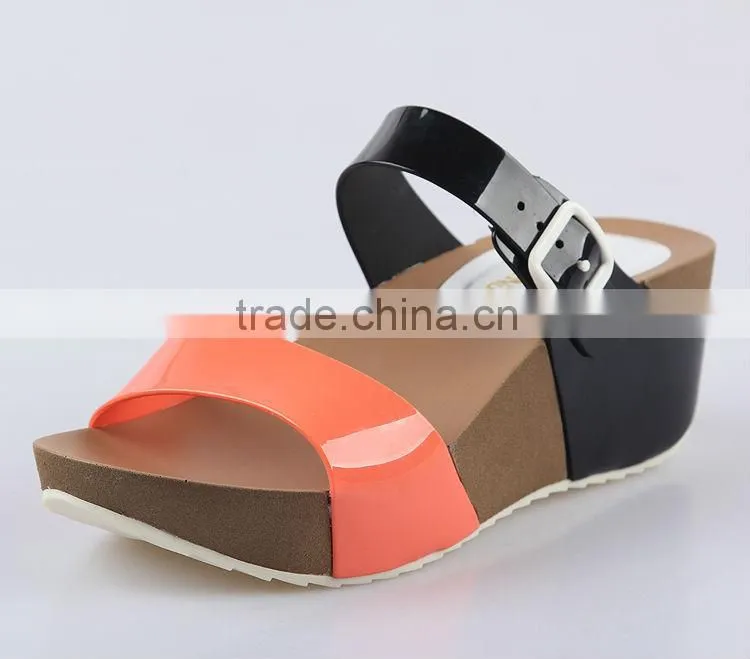 2015 Women Jelly PVC Slipper shoes Stitching Color PU Wedge Sandals PU Wedges Shoes