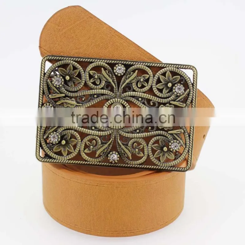 Hot sale Vintage Style women's fashion PU brand belt with shiny rhinestone square shape buckle