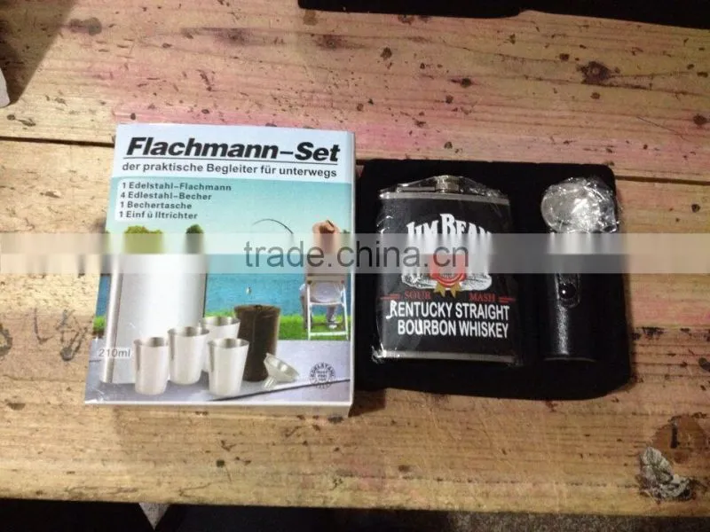 7oz hip flask with small funnel and 4pcs cup and leather bag in gift box