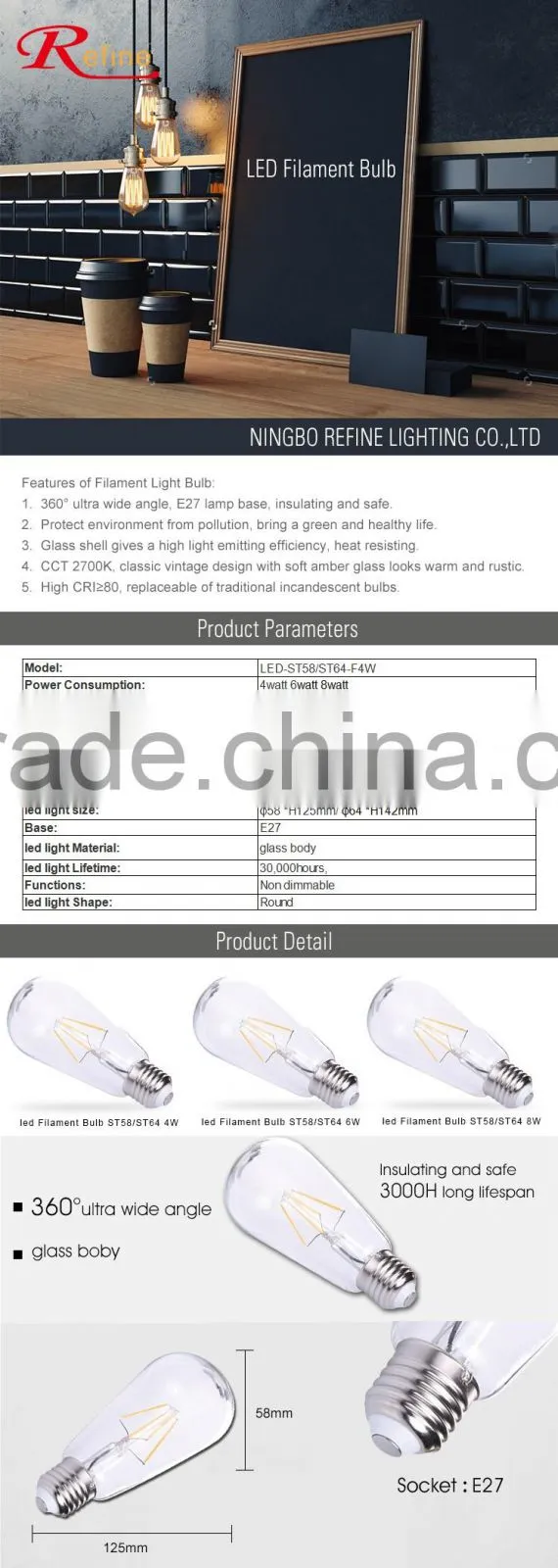 led filament candle bulb 4w 6w 8w led filament glass body e27 ST58/ST64